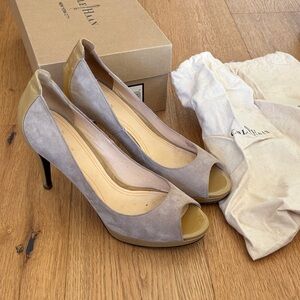 Cole Haan Chelsea Open Toe Pumps Beige Suede and Patent Leather